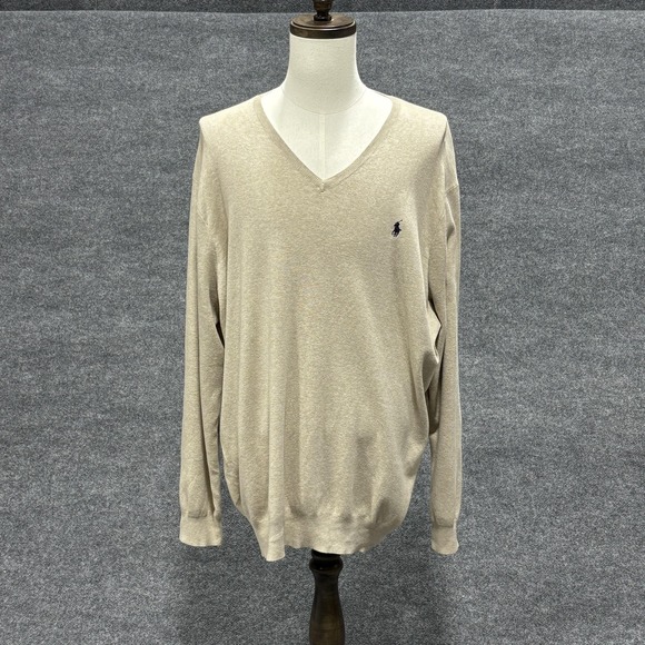 Polo Ralph Lauren Sweater Mens 2XLT Tall Beige Pima Cotton V Neck Pony Logo - Picture 1 of 14